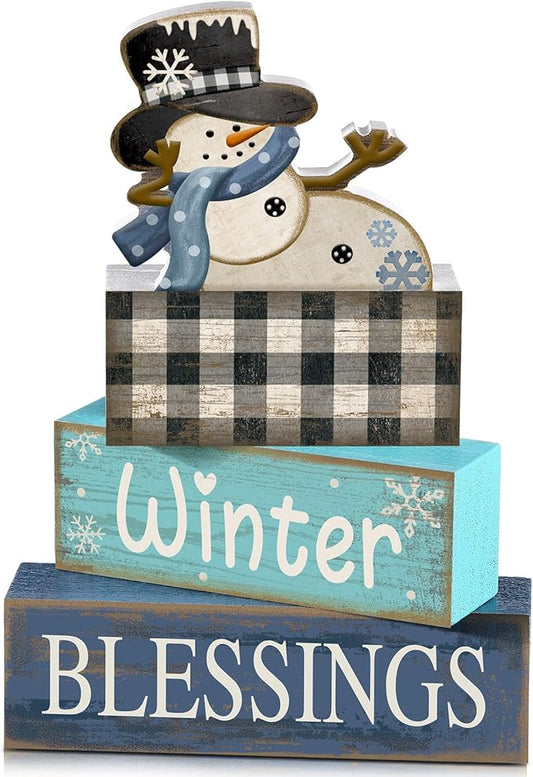 4 Pcs Christmas Table Decorations Winter Tiered Tray Decor Playful Snowman Decor Indoor Rustic Wooden Decorative Snowman Block Sign Gift Snowflake Centerpiece Farmhouse Xmas Signs for Kitchen