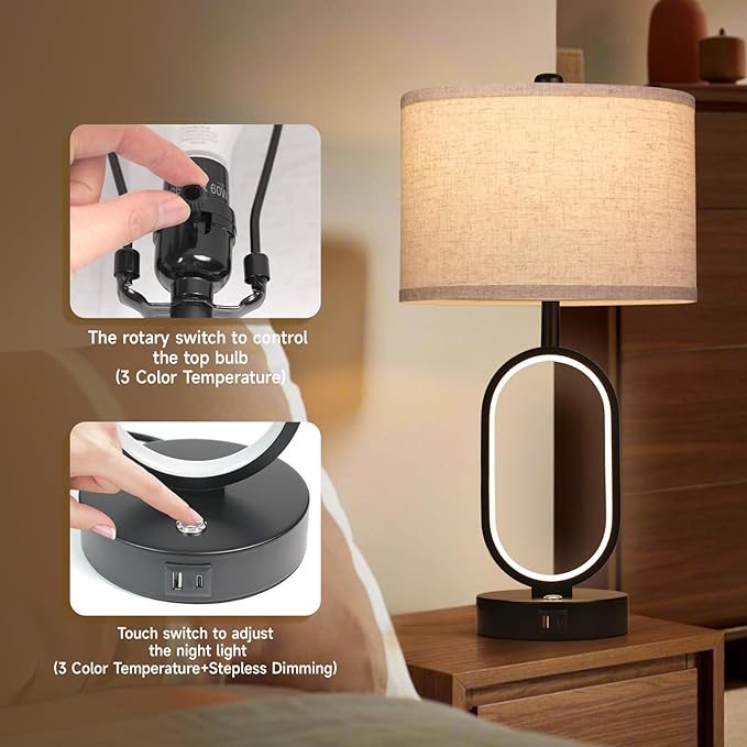 Farmhouse Table Lamps Set of 2, Built-in Dimmable Night Light Bedside Lamps, Table Lamps for Night Stands with USB Charging Ports, Bedroom Lamps for Nightstand, LED Bulbs Included