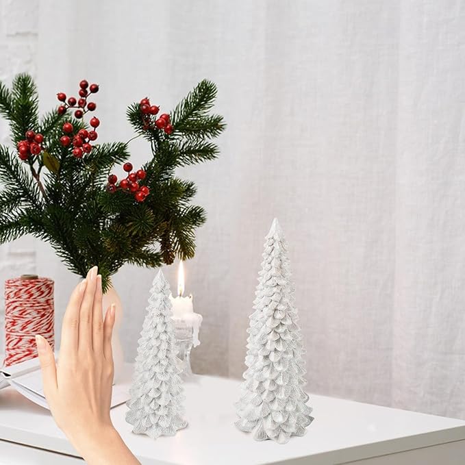 2Pcs Christmas Tree Decoration Figurines, Christmas Tree Statues Glittered Resin Desktop Mini Small Tabletop Ornaments Holiday Fireplace Home Decor Gifts (White)