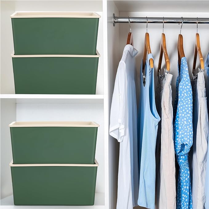 Menkxi 4 Pcs Storage Bins with Lids Plastic Containers Stackable Storage Box Baskets for Organizing Shelves(Green,Small)