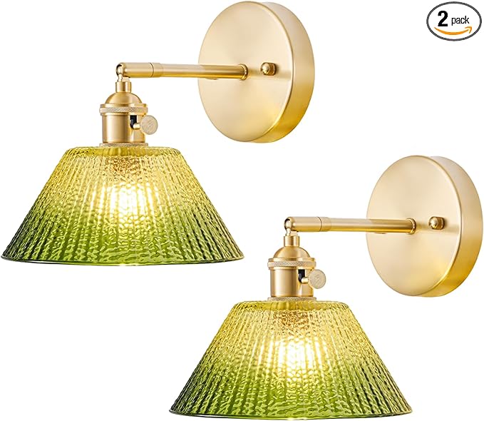 Wall Sconces Set of Two Hardwired, Vintage Wall Light with Gradient Green Glass Lampshade, Bathroom Wall Sconces with Switch, Gold Wall Light Wall Decor Set of 2