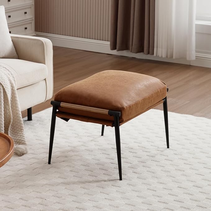 Mid-Century Ottoman, Soft PU Leather Entryway Bench Ottoman Foot Rest with Metal Legs Single Seat for Living Room Reading Room, Brown