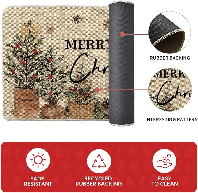 Artoid Mode Holly Ornament Merry Christmas Kitchen Mats Set of 2, Winter Home Decor Low-Profile Kitchen Rugs for Floor - 24"x36"+24"x59"+24"x72"