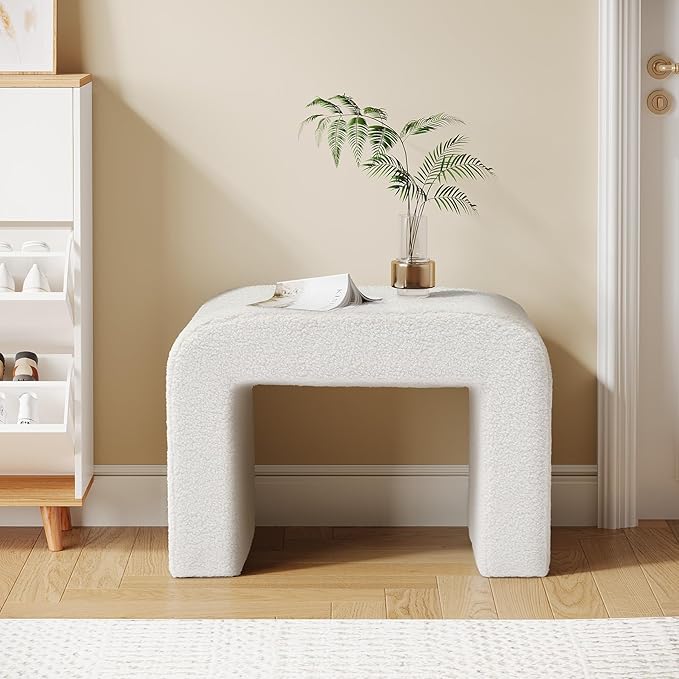 Tribesigns White Vanity Stool Chair, Modern Ottoman Foot Rest for Couch, Large Foot Stool Ottoman, Extra Seating for Living Room, Shoe Bench for Entryway, Arched Makeup Stool for Vanity, 2 Packs