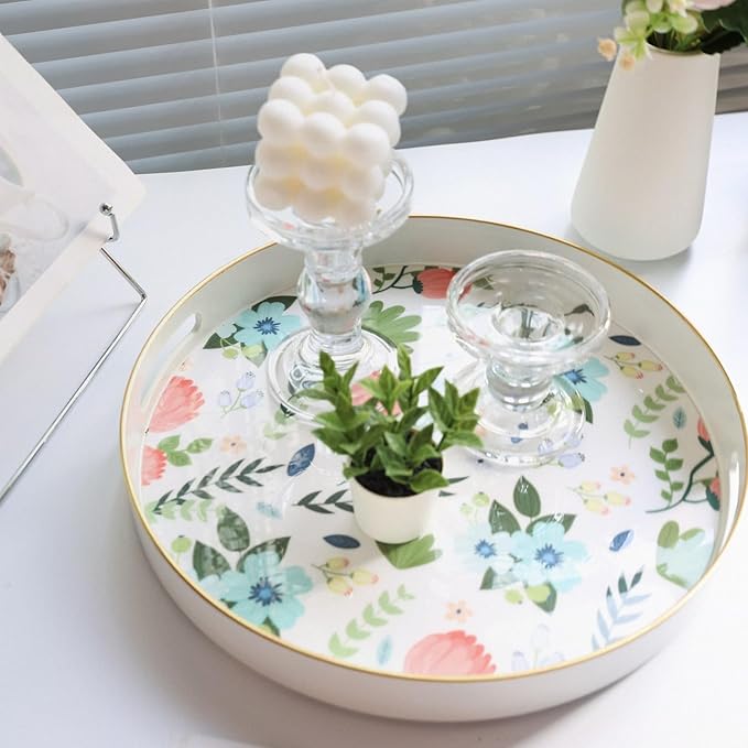 Round Serving Tray with Handles, Modern Floral Pattern, Perfect for Coffee Table, Ottoman, or Vanity, Lee33wh Color, Plastic Material