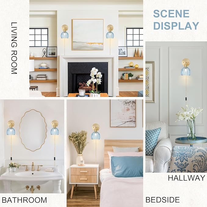 Plug in Wall Sconce, Vintage Sconce Light with Tulip Denim Blue Glass Lampshade, 180° Adjustable Wall Sconce with Switch and Plug in Wall Lamp Cord, Gold Wall Light for Bedroom Bedside
