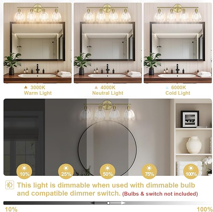 Vintage Bathroom Light Fixtures,4-Light Hardwired Vanity Lights Over Mirror,Gold Wall Sconces with Clear Tulip Glass Shade for Bathroom Living Room,E26 Socket(Bulbs Not Included)