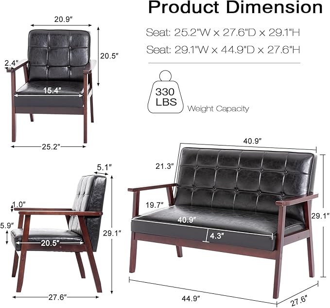 Okeysen Modern Loveseat Sofa Set (Black) - Ergonomic Leather, Mid-Century Design, 2-Seat & Accent Chair, Small Spaces Furniture, Living Room, Apartment, Office