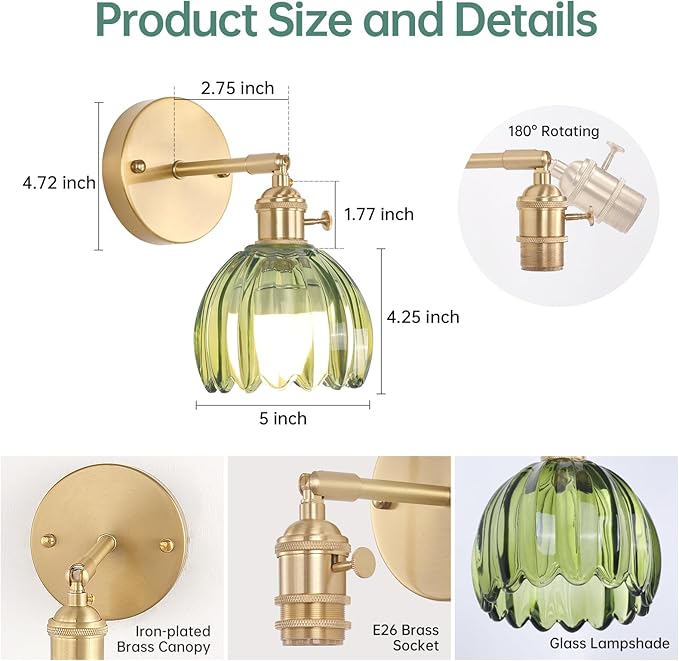 Vintage Battery Operated Wall Sconce with Cute Green Tulip Glass Lampshade Wireless Rechargeable Battery Powered Wall Light with Remote Control for Bedside Bedroom Doorway