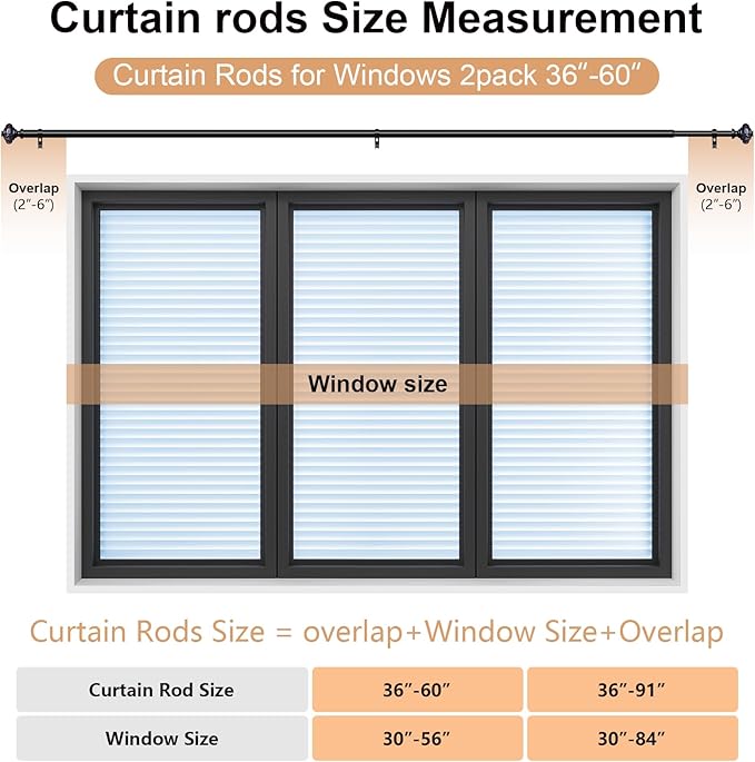 2 Pack Black Crystal Curtain Rods for Windows 30 to 56 Inch, Decorative Vintage 1'' Diameter Curtain Rod with Black Foil Finial, Adjustable Heavy Duty Easy Install Drapery Pole Set for Farmhouse