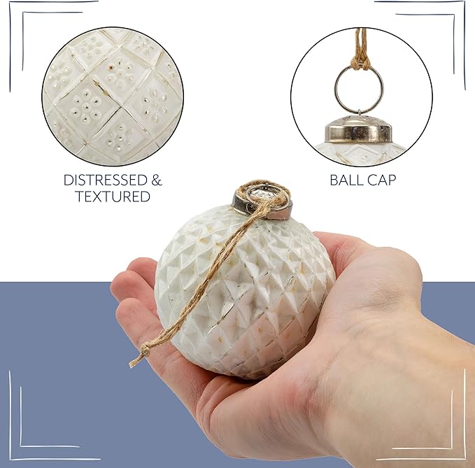 AuldHome Design Farmhouse Ball Ornaments (Set of 6, White); Distressed Metal Glass Ball Vintage Style Christmas Decorations