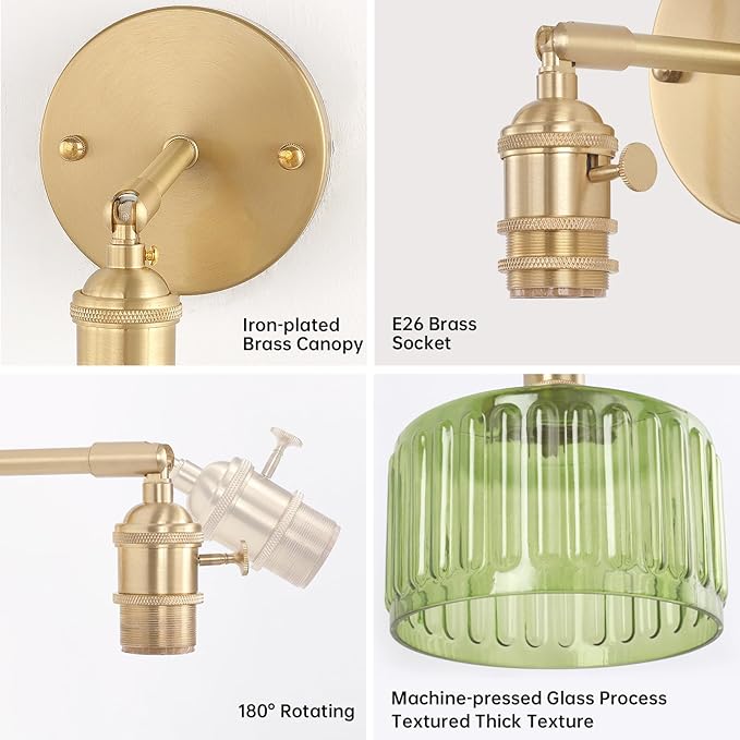 Vintage Battery Operated Wall Sconce with Green Striped Glass Lampshade 5000 mAh Rechargeable Battery Powered Wall Light with Remote Control for Bedside Bedroom Doorway