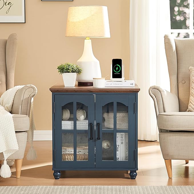 Farmhouse 24" End Table Set of 2 with Charging Station, Large Sofa Side Table with Glass Barn Door,Wood Night Stand with Adjustable Storage Shelf,Square Bedside Table for Living Room,Bedroom