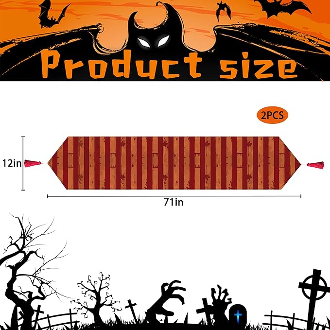 Wehhbtye 2 Pcs Halloween Creepy Table Runner, Bloody Striped Evil Circus Tablerunner with Tassels, Horror Table Decoration for Halloween Themed Party Supplies