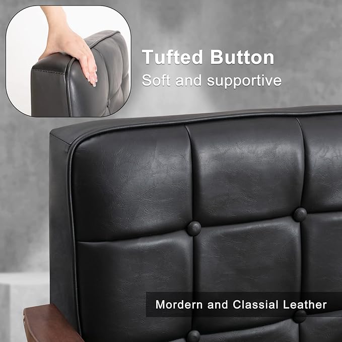Okeysen Accent Chairs Set of 2, Mid Century Modern Accent Chair, Retro Wood and Leather Armchairs Side Chair, Lounge Reading Comfy Arm Chair for Living Room, Bedroom, Office(Matte Black)
