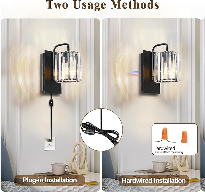 Plug in Sconces, Square Crystal Sconce Black Plug in Wall Sconce Modern Crystal Wall Lamp with On Off Dimmer Cord, Glass Wall Light Fixtures for Living Room Bedroom Hallway Bedside