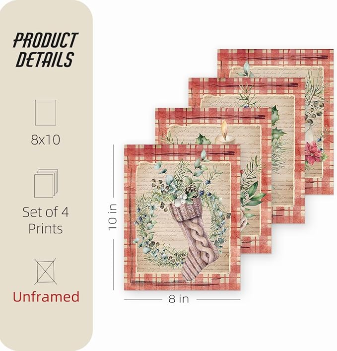 ETVISO Vintage Christmas Wall Art Prints Set of 4, Red Christmas Decor, Retro Christmas Garland Poster, Winter Holidays Gift Print Decor for Gallery Living Room Bathroom, 8x10 (Unframed)