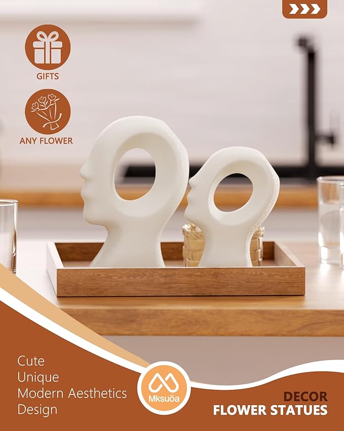 Couple Decorative Statues Set - Boho Style Modern Abstract Sculptures Home Decor, Ceramic Figurines for Living Room Coffee Table, Tv Stand, Mantles, Entryway, Console or Wedding Gifts (White)