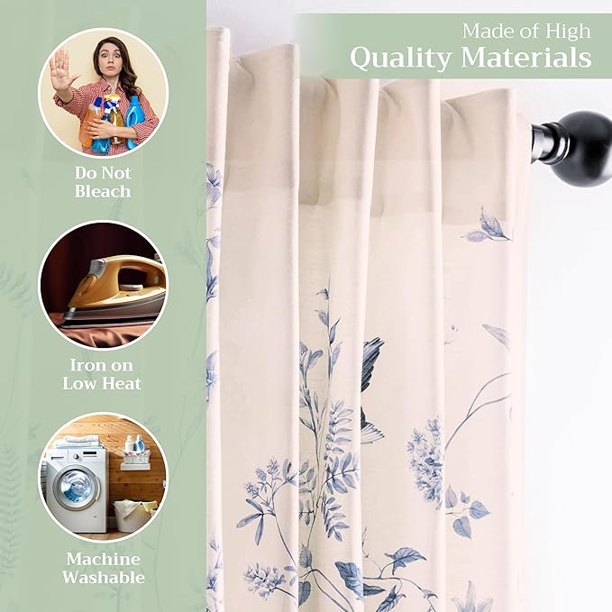 Maison d' Hermine Curtains for Living Room 100% Cotton 96 inch Length One Panel Light Filtering Curtains for Bedroom Windows with Rod and Loop Pockets Drapes (Neo Ipomee Beige, 50" W x 96" L)