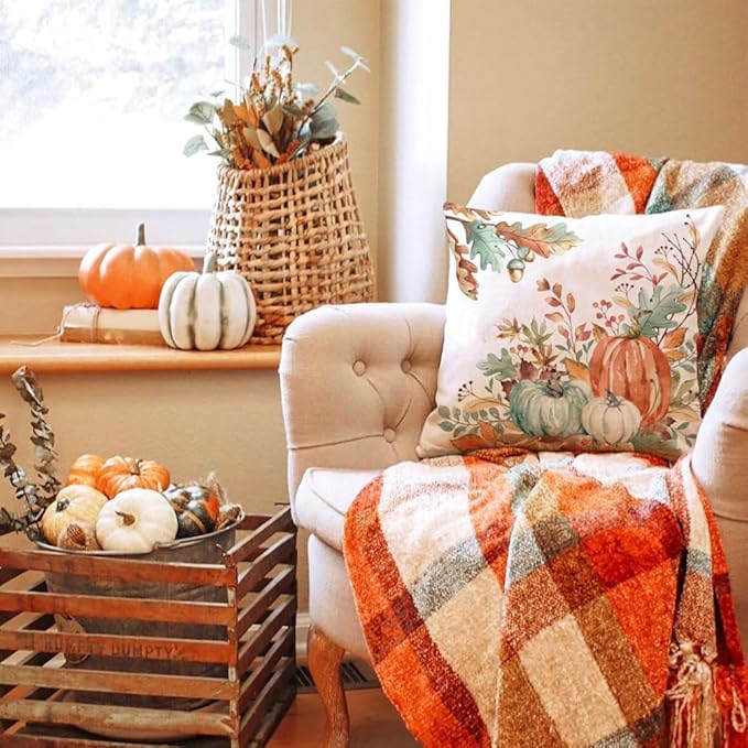 DFXSZ Fall Pillow Covers 20x20 inch Set of 2 Orange and Green Watercolor Pumpkin Fallen Leaves Decorative Throw Pillow Covers Autumn Thanksgiving Farmhouse Decoration for Home Couch TH27-D20