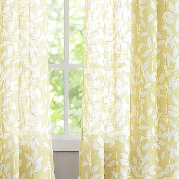 Treatmentex Semi-Sheer Curtains for Living Room Windows 95" Long White and Yellow Leaf Print Curtains for Girl's Room, Bedroom Grommet Top Curtain Panels, Mustard Yellow, 1 Pair