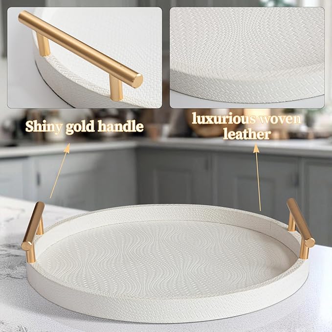 2 Piece White Round Serving Tray with Handles, Woven-Texture Faux Leather Ottoman Tray for Living Room, Decorative Tray for Coffee Table Home Decor