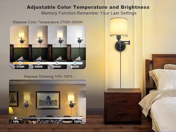 Plug in Wall Sconces with Remote Control, Dimming 10%-100% & Adjustable Colors 2700K-6500K, Hardwire or Plug-in, Swing Arm Wall Lamp with White Fabric Shade, Wall Sconces Set of Two, Black Finish