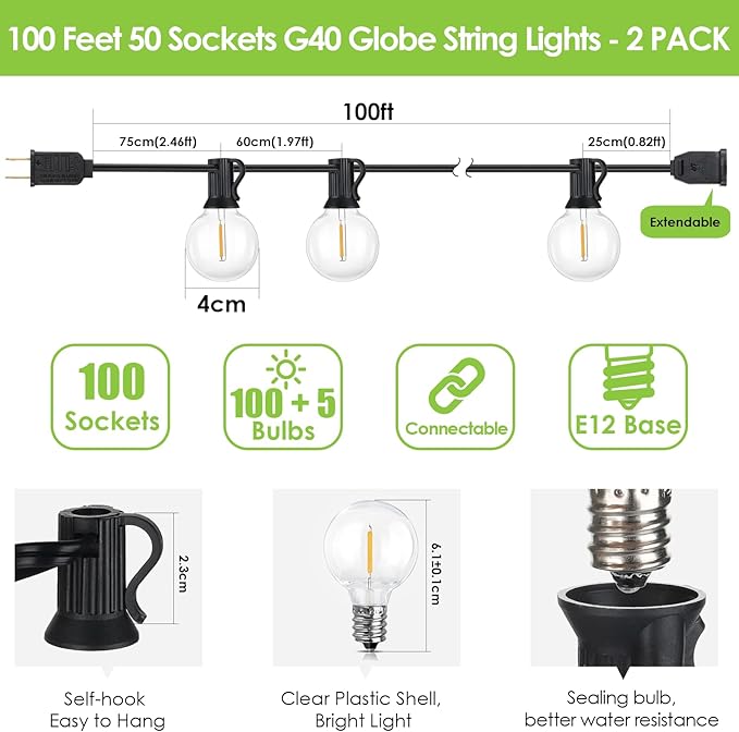 Mlambert 200Ft(2x100Ft) LED Outdoor String Lights Waterproof Dimmable G40 Globe Patio Lights with 100+5 Bulbs for Balcony Gazebo Pergola-Black Cord