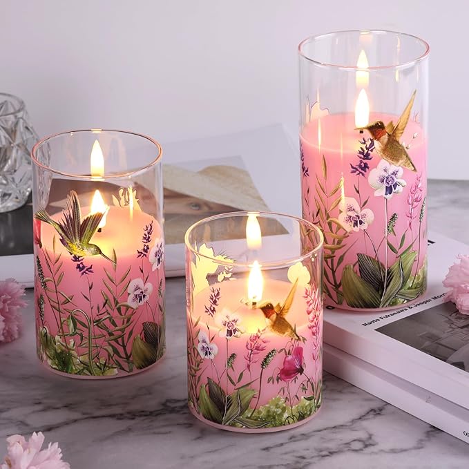Pink Hummingbird Glass Flameless Candles with Remote, Flickering LED Pillar Candles Set of 3, Floral Candles Battery Operated Φ 3" H 4" 5" 6"