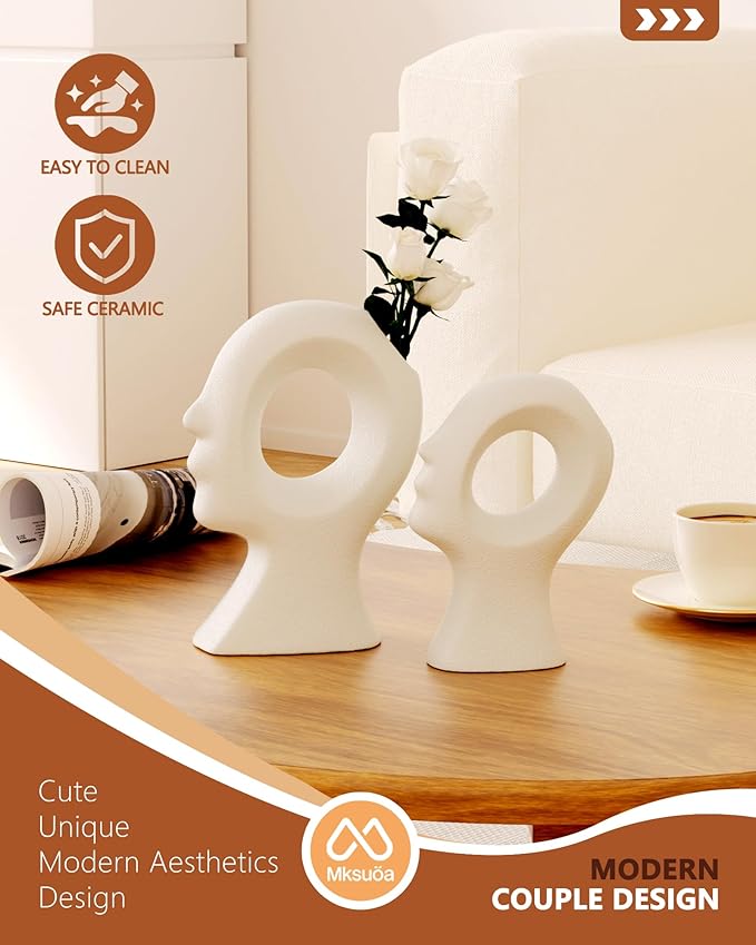 Couple Decorative Statues Set - Boho Style Modern Abstract Sculptures Home Decor, Ceramic Figurines for Living Room Coffee Table, Tv Stand, Mantles, Entryway, Console or Wedding Gifts (White)