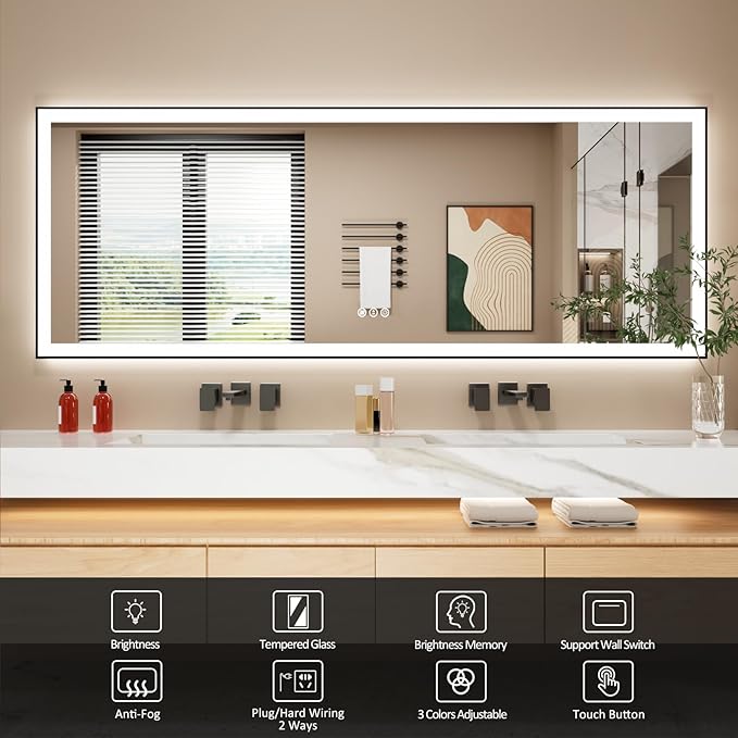 84x32 Inch LED Bathroom Mirror with Black Frame, Backlit and Front Lighted Bathroom Mirrors for Wall, Anti-Fog, Dimmable, Memory, Shatterproof, LED Vanity Mirror for Bathroom