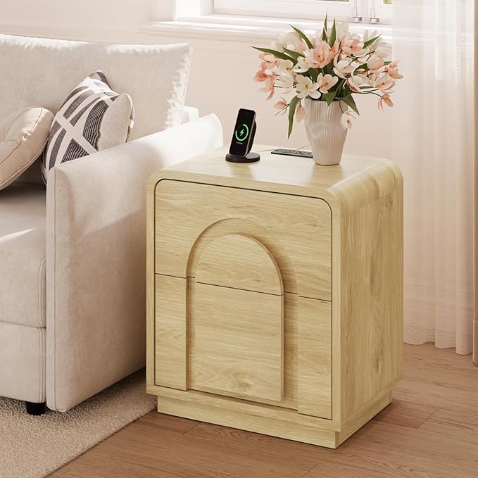 Bestier Night Stand Set of 2, Nightstands with Charging Station, Mid Century Modern Bedside Table with 2 Drawers Storage, Arch Design Doors, Curved Profile, Side End Tables for Bedroom