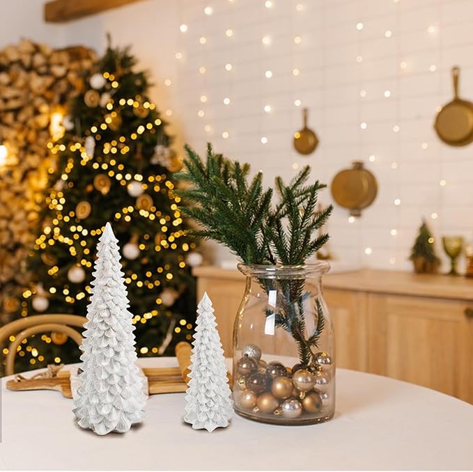 2Pcs Christmas Tree Decoration Figurines, Christmas Tree Statues Glittered Resin Desktop Mini Small Tabletop Ornaments Holiday Fireplace Home Decor Gifts (White)