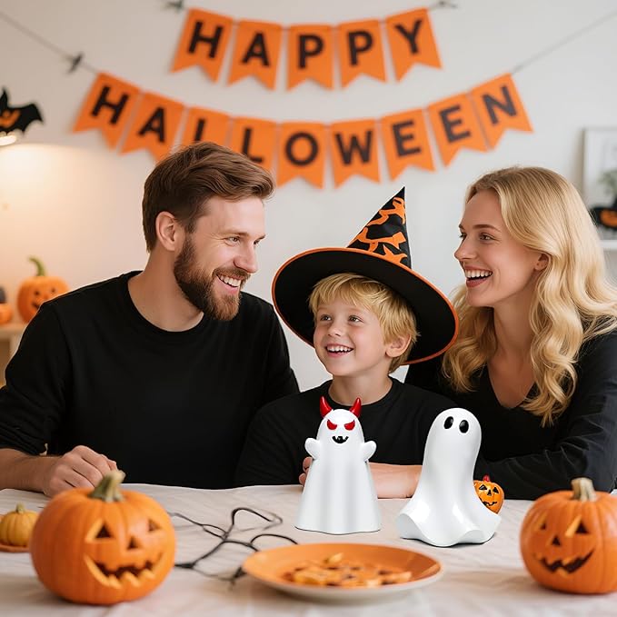 2 pcs Ghost Figurines Halloween Indoor Decoration, White Cute Ghost Halloween Table Decor Tiered Tray Decorations,Funny Devil&Pumpkin Ghost Figurine Resin Statue Centerpieces