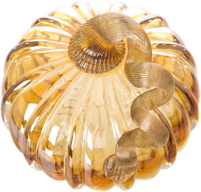 Glitzhome Hand Blown Two-Tone Crackle Glass Pumpkin Elegant Table Accent Amber 4.72 Inch
