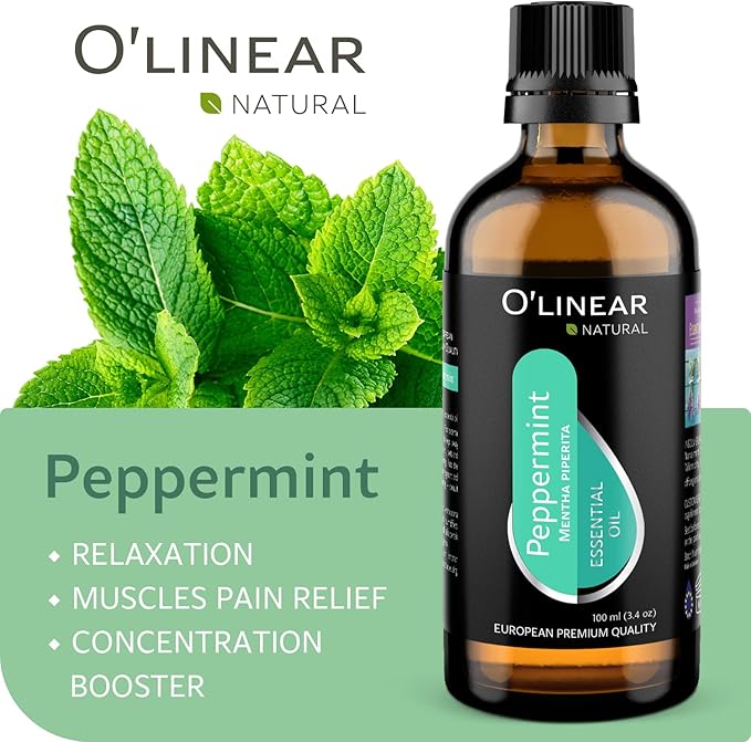 O'linear 3.4 Fl Oz Therapeutic Grade Peppermint Essential Oil for Diffusers for Home, Aromatherapy 100% Pure Mint Oil for Humidifiers, Natural Essential Oils for Candle Making SPA Steam Room Sauna