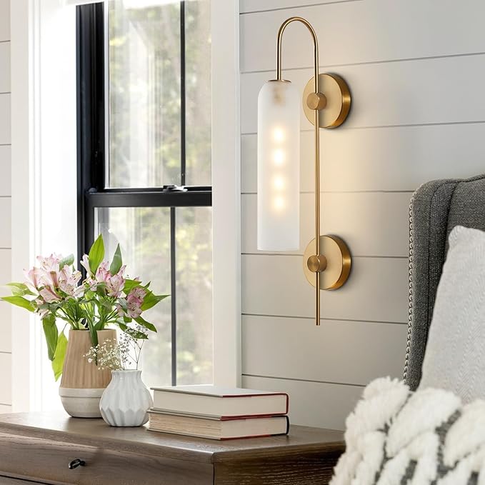 BOKT Mid Century Modern 1-Light Wall Mounted Light Brushed Gold Metal Wall Sconce Lighting Minimalist Anti Brass Wall Sconce Lamp White Glass Bathroom Vanity Light Fixture (White)
