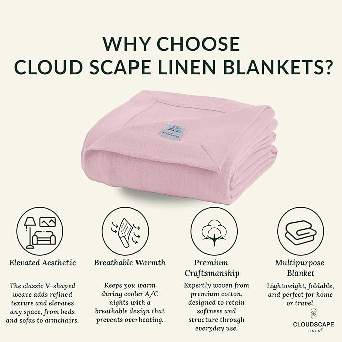 Cloud Scape Linen Herringbone Cotton Throw Blanket for Couch, Bed,Sofa, Home Decor, Soft, Lightweight, All-Season Bed Blanket, 50 x 70, Seashell Pink