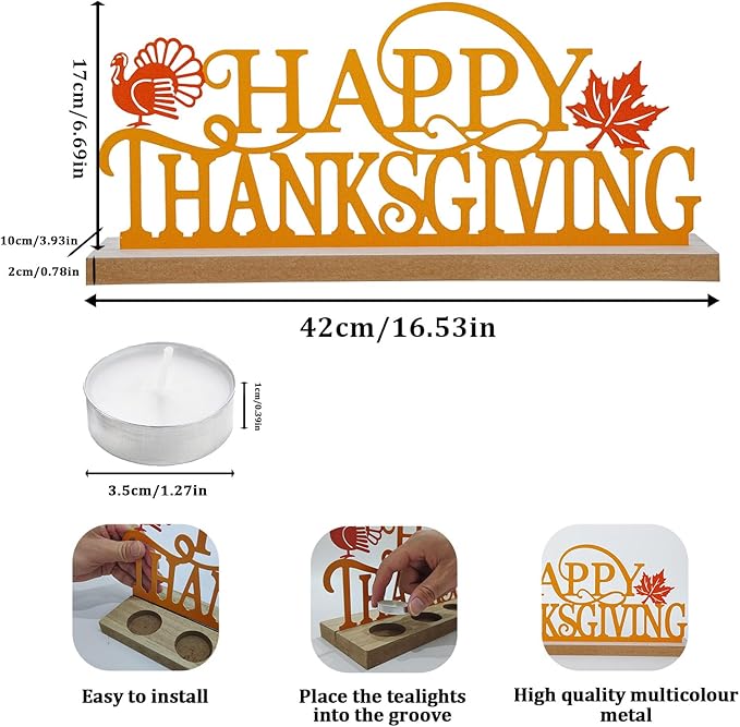Metal Happy Thanksgiving Sign, Tiered Tray Decor with 18 Pcs Tealights, Orange Fall Decorations Tea Lights Candles Holders for Home, Office, Shelf, Mantel, Indoor, Table, Autumn Decoration