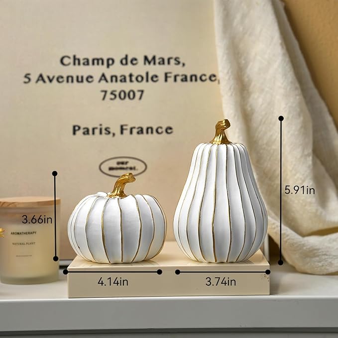 Pumpkin Fall Decor, White and Gold Pumpkins for Decorating Thanksgiving Table Centerpieces, Artificial Resin Pumpkins Decor for Mantel, Harvest Autumn Tabletop Decoration