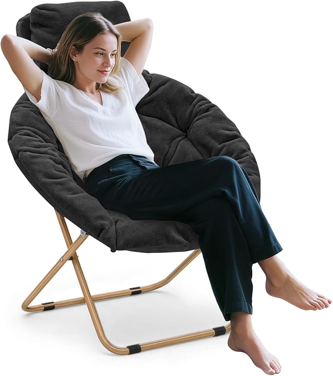 Athena Collection Comfy Saucer Chair with Headrest Oversize Round Cozy Chair Folding Chair Faux Fur Metal Frame Foldable Reading Chair Accent Chair for Bedroom Living Room, Black