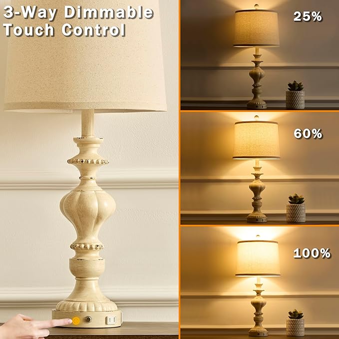 27.5" Farmhouse Table Lamps Set of 2 Bedside Nightstand Lamp with USB C+A Ports & AC Outlet, 3 Way Dimmable Touch Lamps for Bedroom Living Room Office Hallway Rustic Traditional Lamp