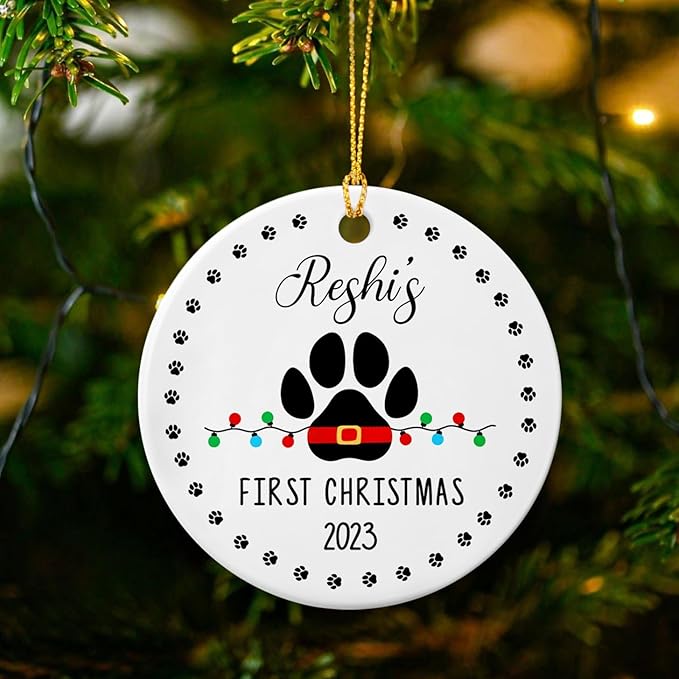 Pet Dog Cat First Christmas Ornament 2025, Personalized Puppy Pawprint Ceramic Ornament, Puppy 1st Christmas Keepsake Gifts for Dog Owners, Custom Pet Dog Cat Name & Year, My Fur Baby's 1st Christmas