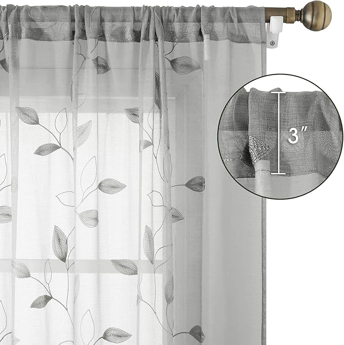 HOMEIDEAS Light Grey/Gray Sheer Curtains 52 X 63 Inches Length 2 Panels Embroidered Leaf Pattern Pocket Faux Linen Floral Semi Sheer Voile Window Curtains/Drapes for Bedroom Living Room