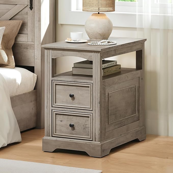 Farmhouse End Table Set of 2, Narrow Sofa Side Table with 2 Drawers and Open Shelf, Wooden Nightstand with Storage for Small Spaces, Bedroom, Living Room, Greige