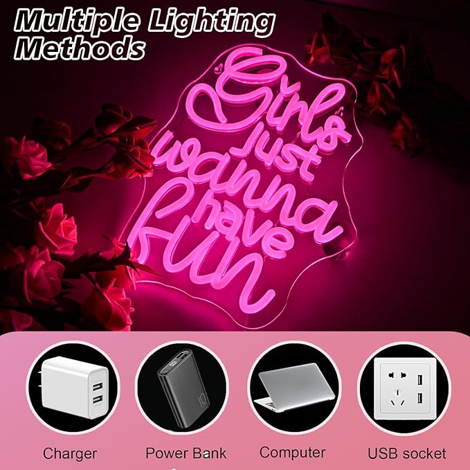 Girls Just Wanna Have Fun Neon Sign 80's Party Decoration Retro Pink LED Neon Light Sleepover Party Girl Neon Signs for Wall Decor,for Bedroom Wedding Christmas Birthday (have fun)
