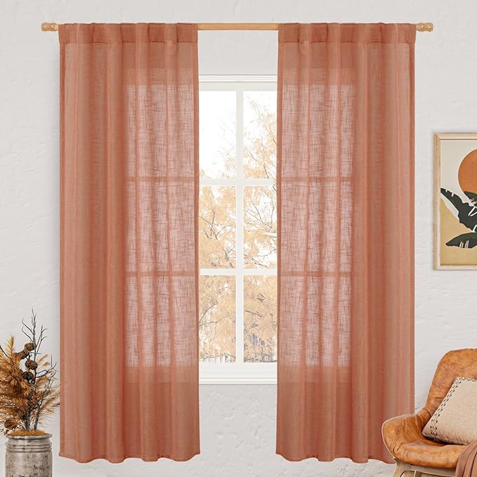 LAMIT Light Filtering Linen Curtains 72 inches Long for Bedroom, Linen Textured Semi Sheer Back Tab and Rod Pocket Boho Drapes for Window/Living Room, Terracotta, 2 Panels, 34 x 72 Inch
