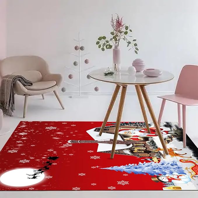 kxry Area Rugs 5X7 Feet, Merry Christmas Soft Machine Washable Area Rugs Santa Claus Deer Christmas Tree Snowman Non Slip Foldable Floor Carpet for Living Room Bedroom Dining Room Dorms