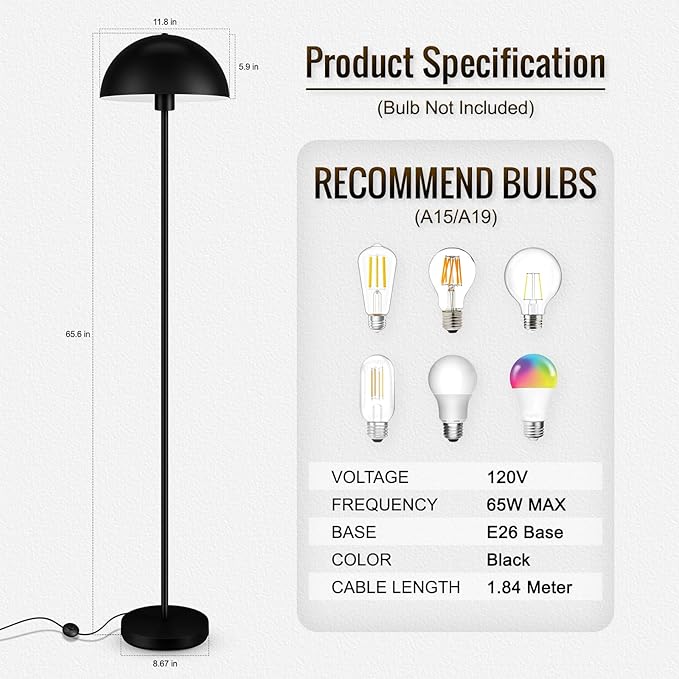 Floor Lamp for Bedroom Modern, Lamp with Mushroom Lampshade, 65.5" Tall Floor Lamp, E26 Base, Footswitch, ETL Listed, Industrial Standing Lamps for Living Room Nursery, Mid Century Home Decor, Black