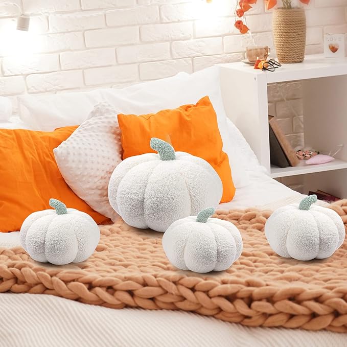 Kajaia 4 Pcs Fall Decor Pumpkin Throw Pillow Fall Pillow 11 Inches 7 Inches 3D Cushion Thanksgiving Sherpa Plush Fluffy Stuffed for Autumn Halloween Christmas Home Sofa(White)